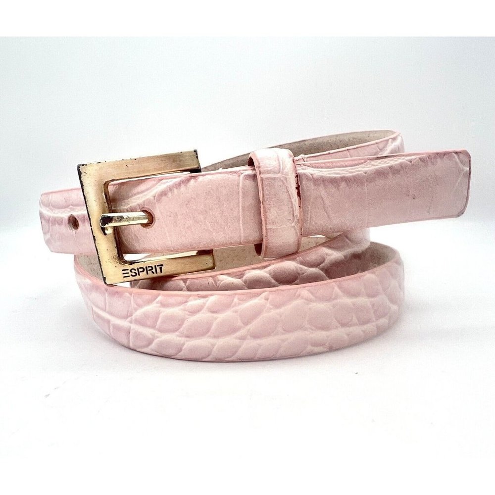 Women's ESPRIT Light Pink Leather Belt With Crocodile Print Size Large Barbie - Picture 2 of 5